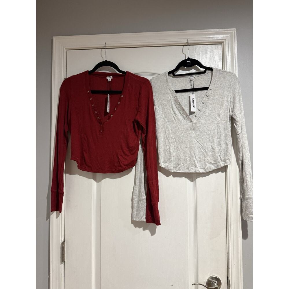 NWT Set Of Two Garage Haut Henley Long Sleeve Crop T Shirts Size L